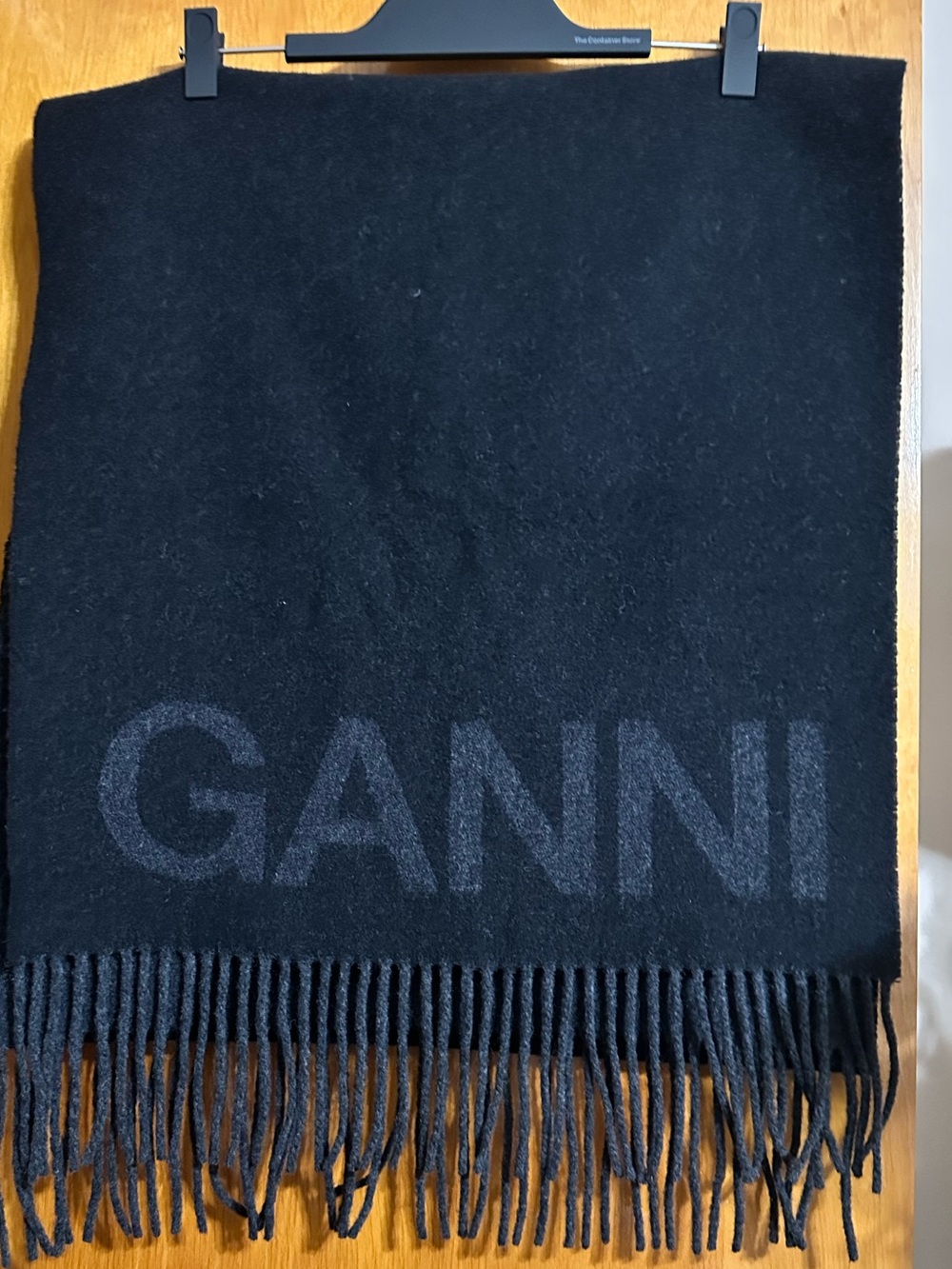 Ganni Black Logo Fringe Scarf
